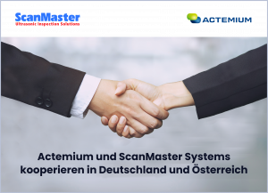 Two hands shaking in agreement, symbolizing the new cooperation between Actemium NDS and ScanMaster in providing advanced ultrasonic inspection solutions.